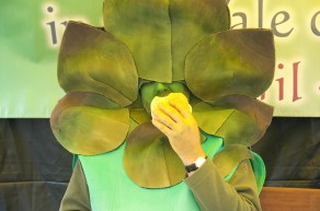 Gus on lunch break Man dressed as asparagus, eating a burger. Best not to ask why...