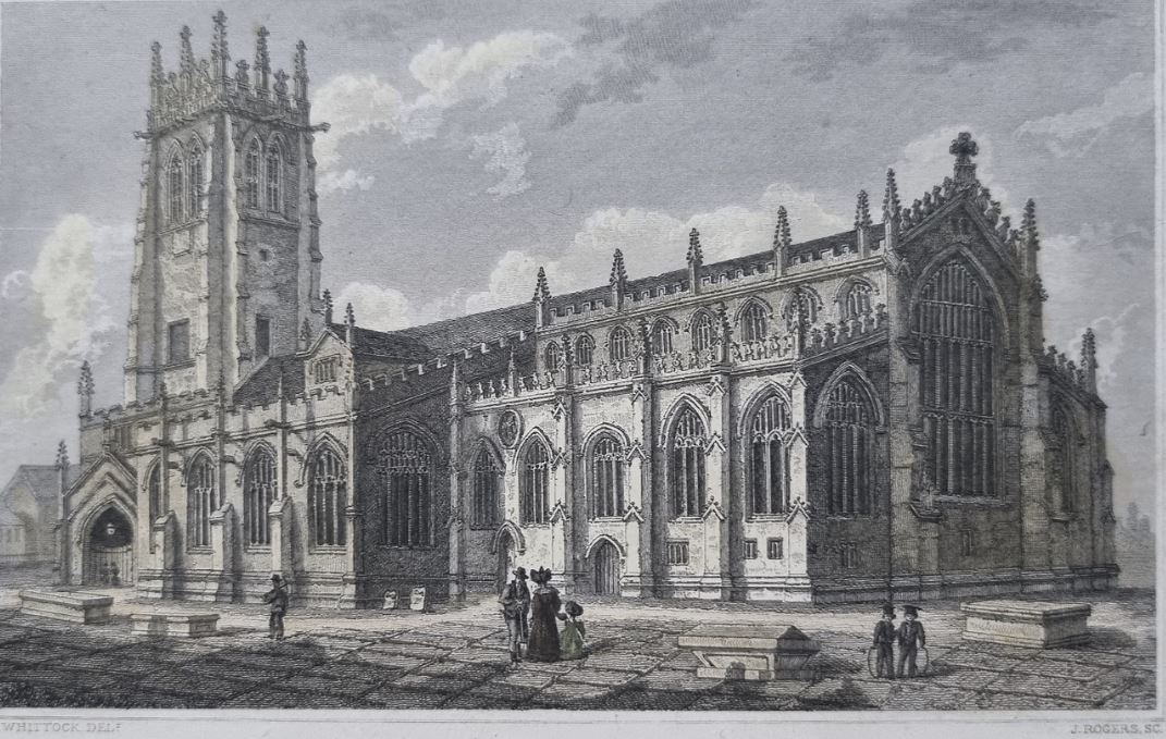 Engraving of Halifax Parish Church,1829. Frank Marsden adn Sarah Helliwell married here 16 Oct 1893. 