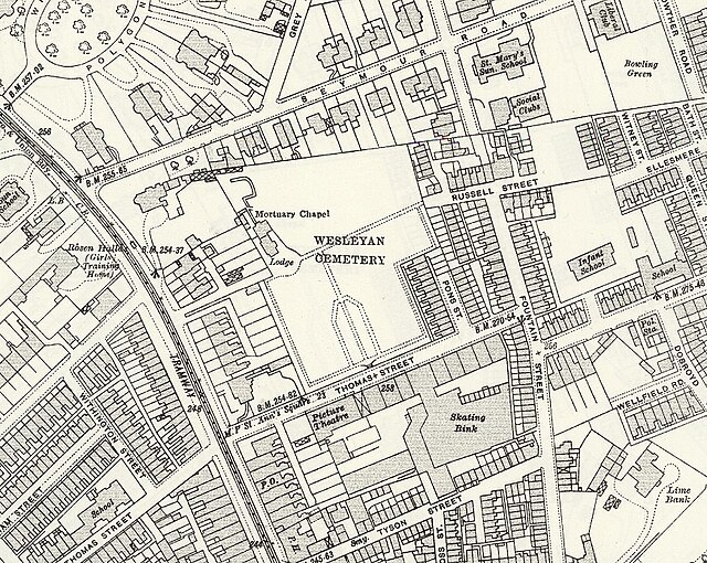 1915 Map of Cheetham Hill area wshowing Wesleyan Cemetery.